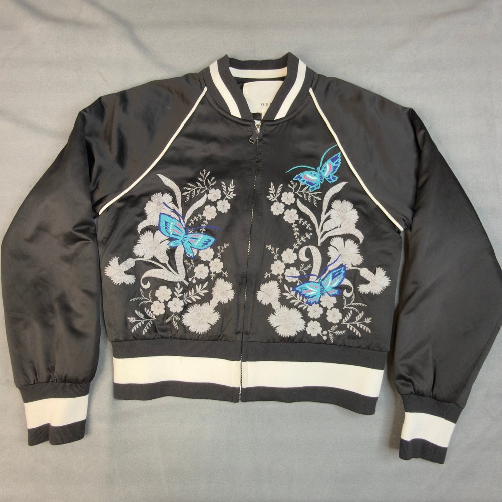 Wilfred Free Aritzia Embroidered Butterfly Floral Satin Bomber Jacket Black M